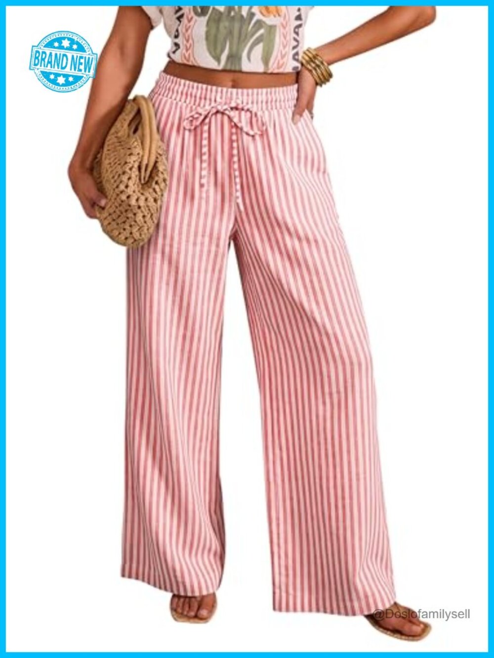 Cotton Striped Palazzo Pants Wide Leg Drawstring Elastic Waist with Pockets